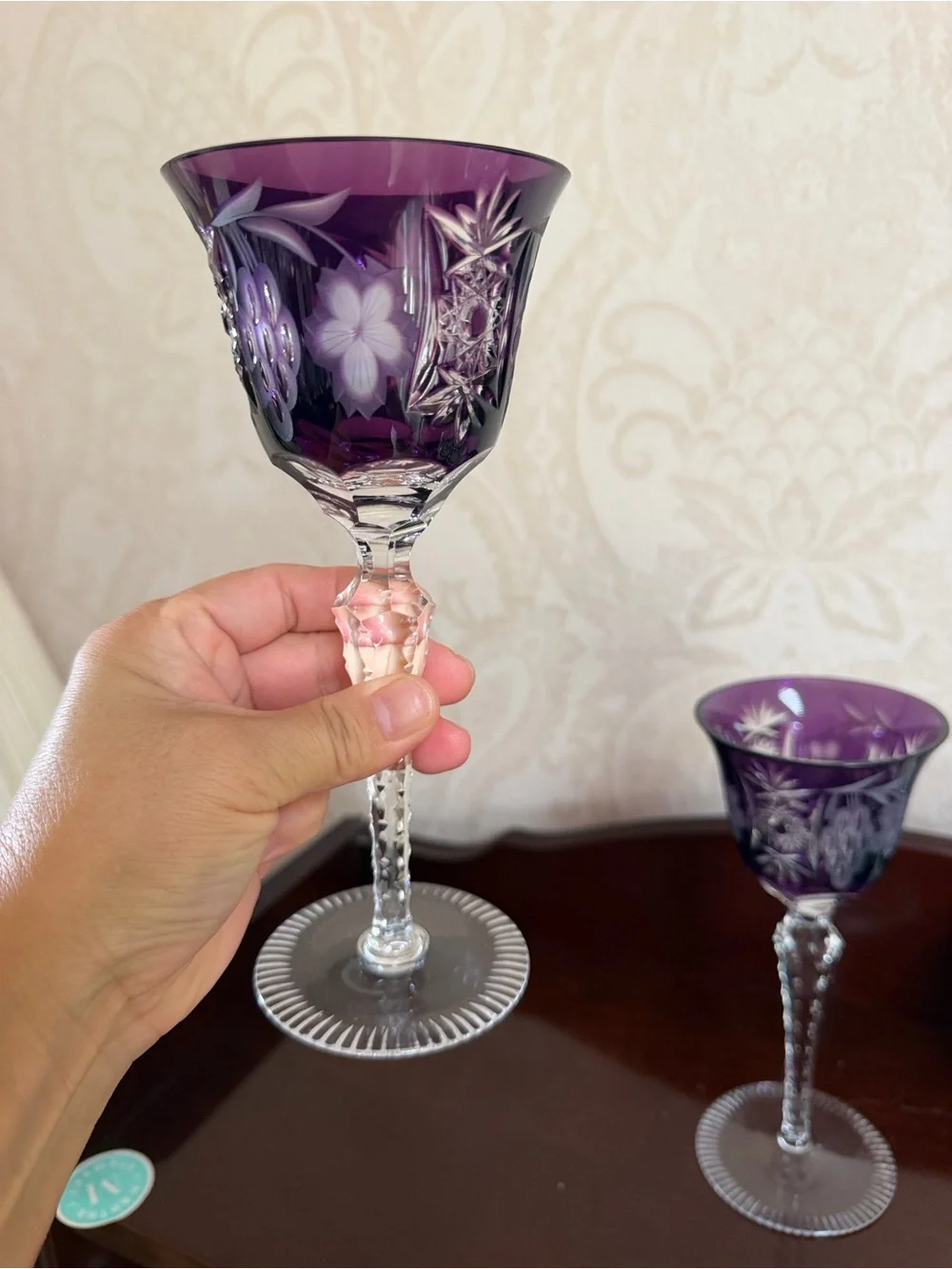 Purple Etched Crystal Wine Goblets - Set of 2